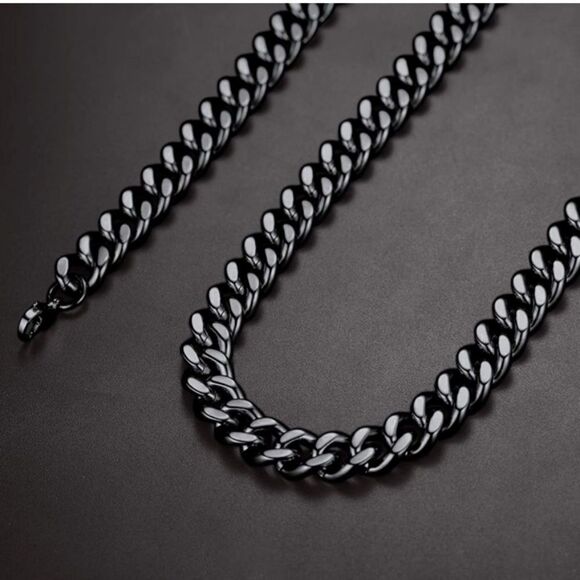 NEW Men’s 12MM  Cuban/Curb Black Stainless Necklace Thick Black Chain Necklace - Picture 1 of 7